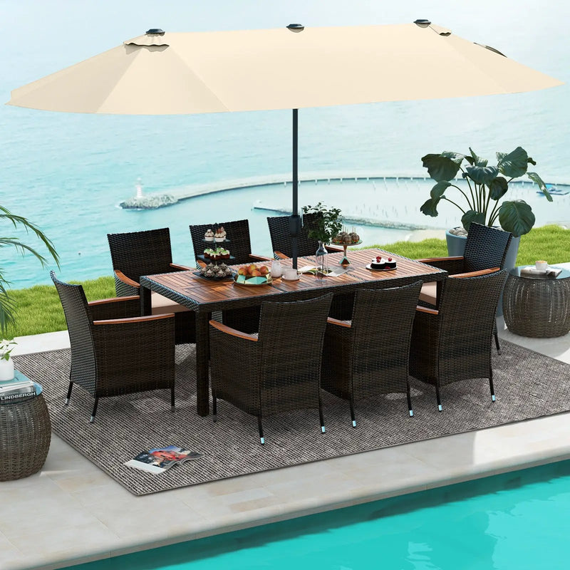 10 Piece Outdoor Dining Set with 15 Feet Double-Sided Twin Patio Umbrella by DirectDeals