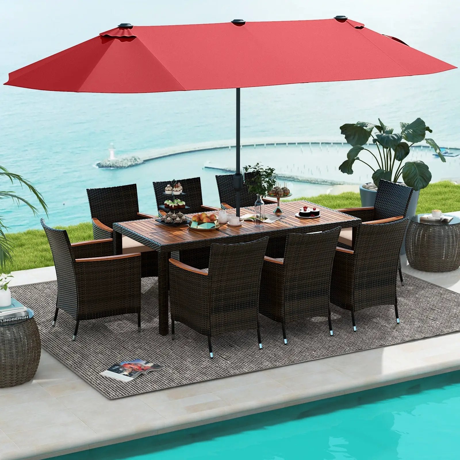 10 Piece Outdoor Dining Set with 15 Feet Double-Sided Twin Patio Umbrella by DirectDeals