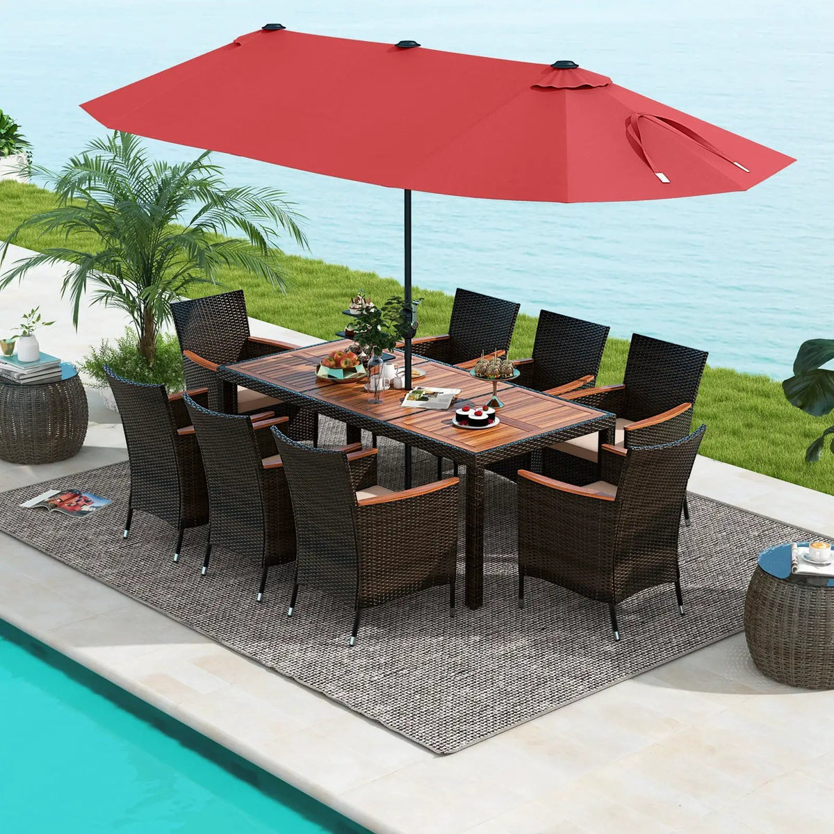 10 Piece Outdoor Dining Set with 15 Feet Double-Sided Twin Patio Umbrella, photo 8 of 38