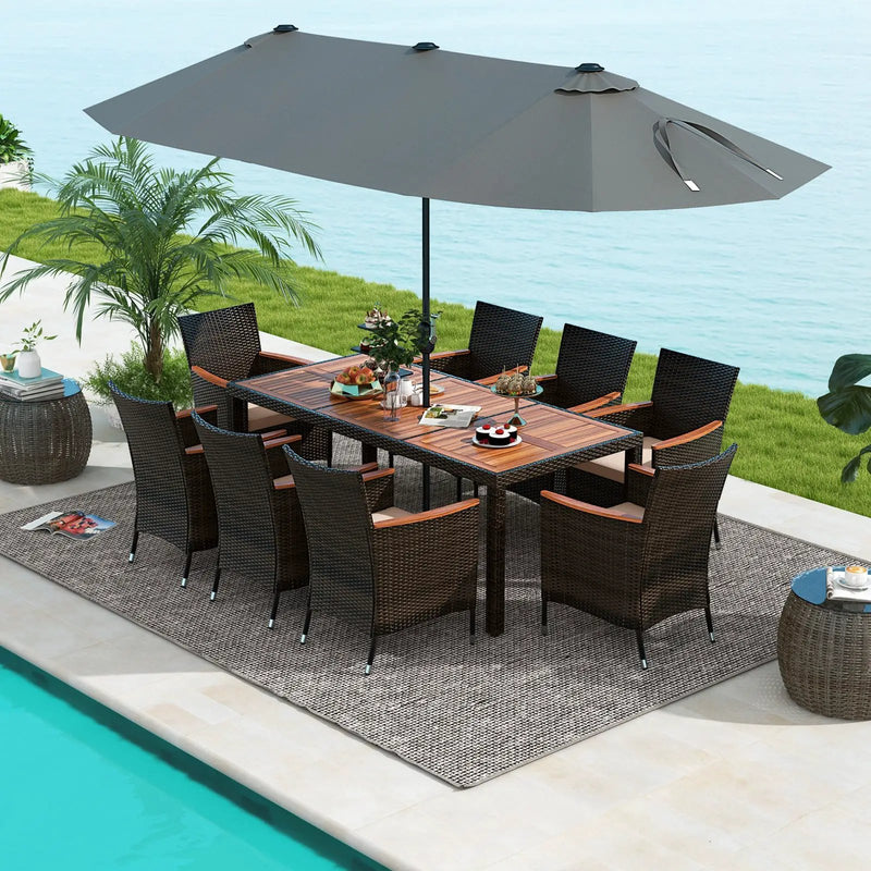 10 Piece Outdoor Dining Set with 15 Feet Double-Sided Twin Patio Umbrella by DirectDeals