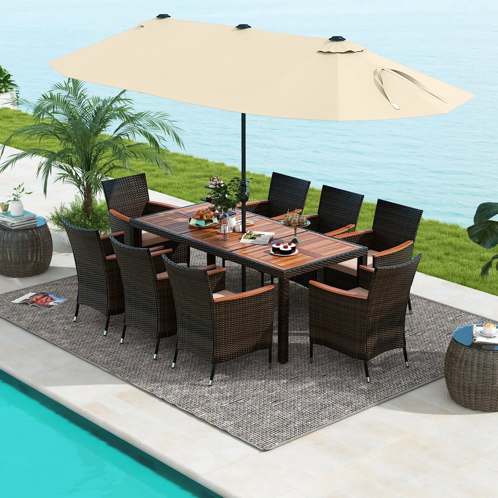 10 Piece Outdoor Dining Set with 15 Feet Double-Sided Twin Patio Umbrella by DirectDeals