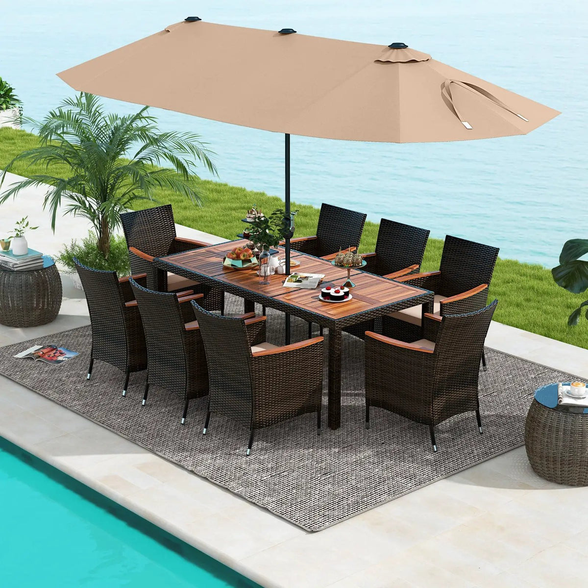 10 Piece Outdoor Dining Set with 15 Feet Double-Sided Twin Patio Umbrella, photo 7 of 38