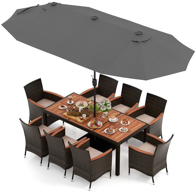 10 Piece Outdoor Dining Set with 15 Feet Double-Sided Twin Patio Umbrella by DirectDeals