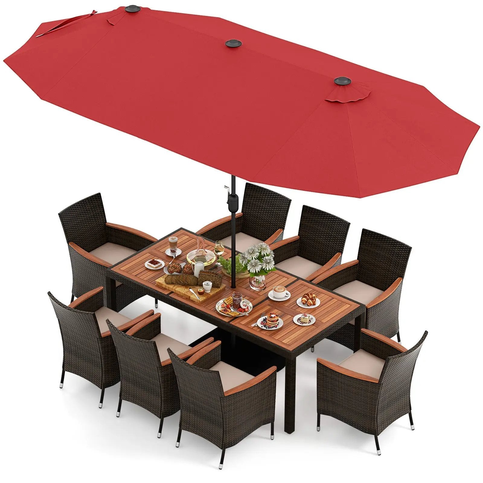 10 Piece Outdoor Dining Set with 15 Feet Double-Sided Twin Patio Umbrella by DirectDeals