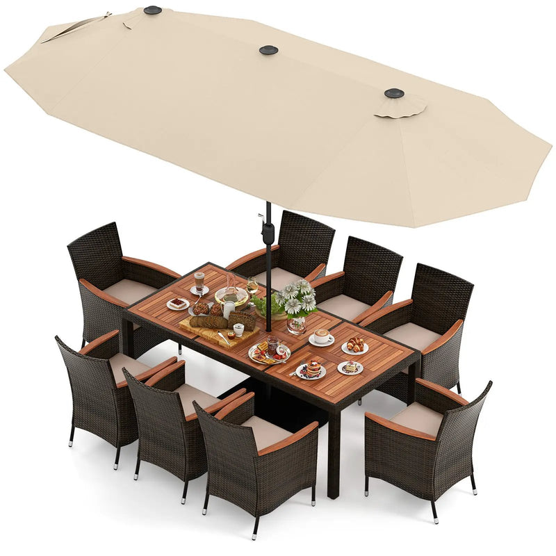 10 Piece Outdoor Dining Set with 15 Feet Double-Sided Twin Patio Umbrella by DirectDeals