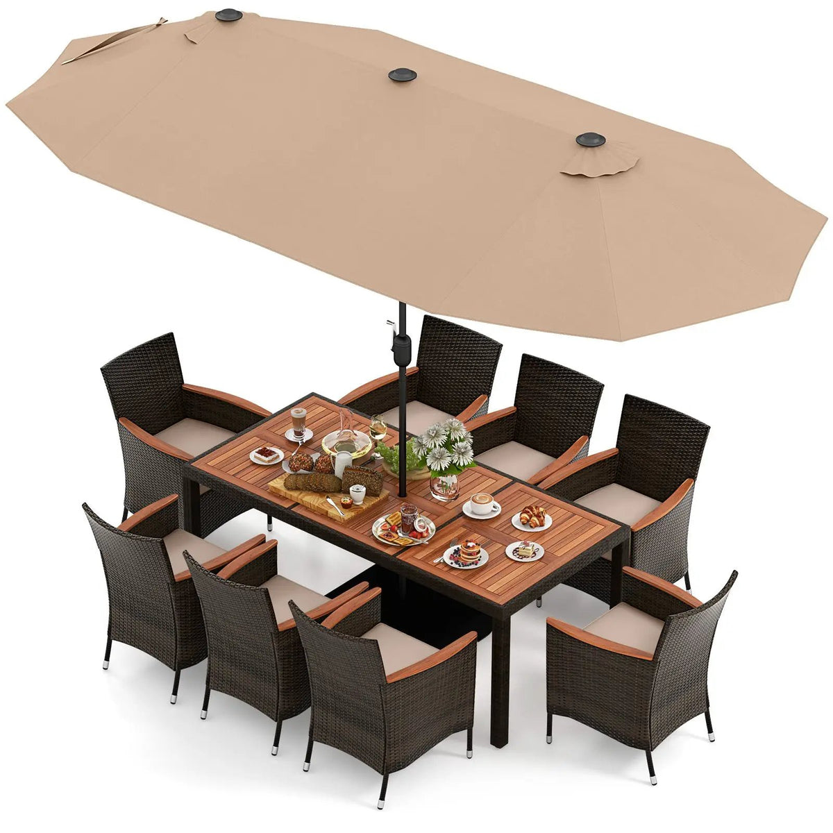 10 Piece Outdoor Dining Set with 15 Feet Double-Sided Twin Patio Umbrella, photo 12 of 38
