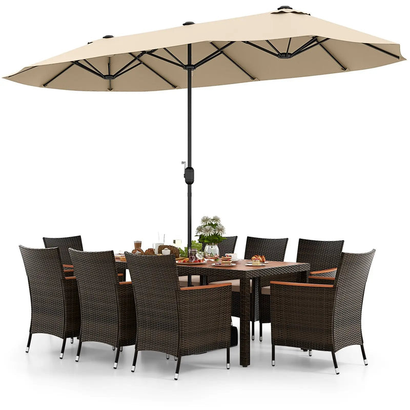 10 Piece Outdoor Dining Set with 15 Feet Double-Sided Twin Patio Umbrella by DirectDeals