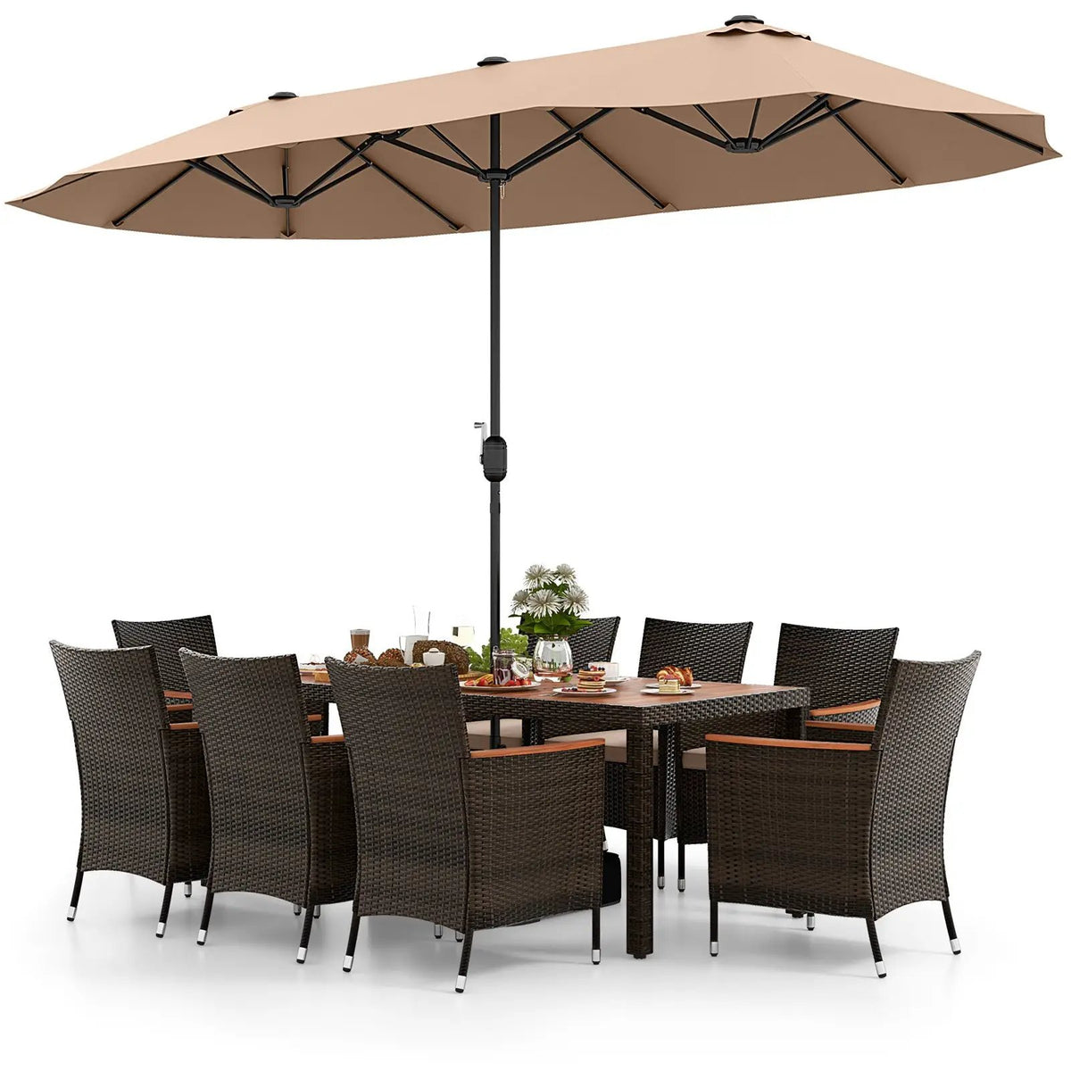10 Piece Outdoor Dining Set with 15 Feet Double-Sided Twin Patio Umbrella, photo 16 of 38