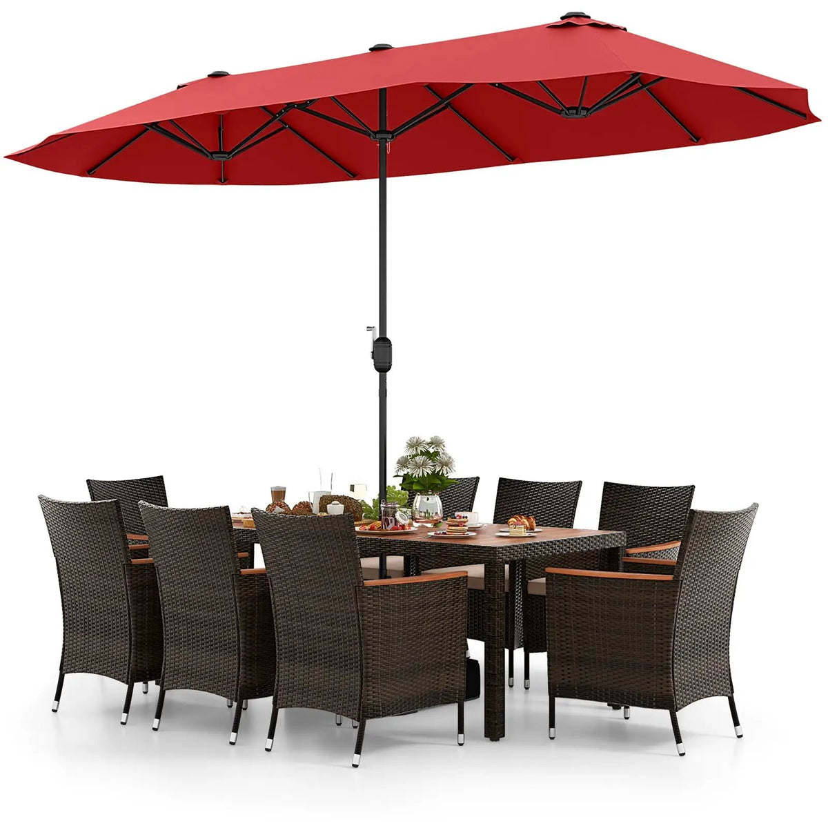 10 Piece Outdoor Dining Set with 15 Feet Double-Sided Twin Patio Umbrella, photo 20 of 38