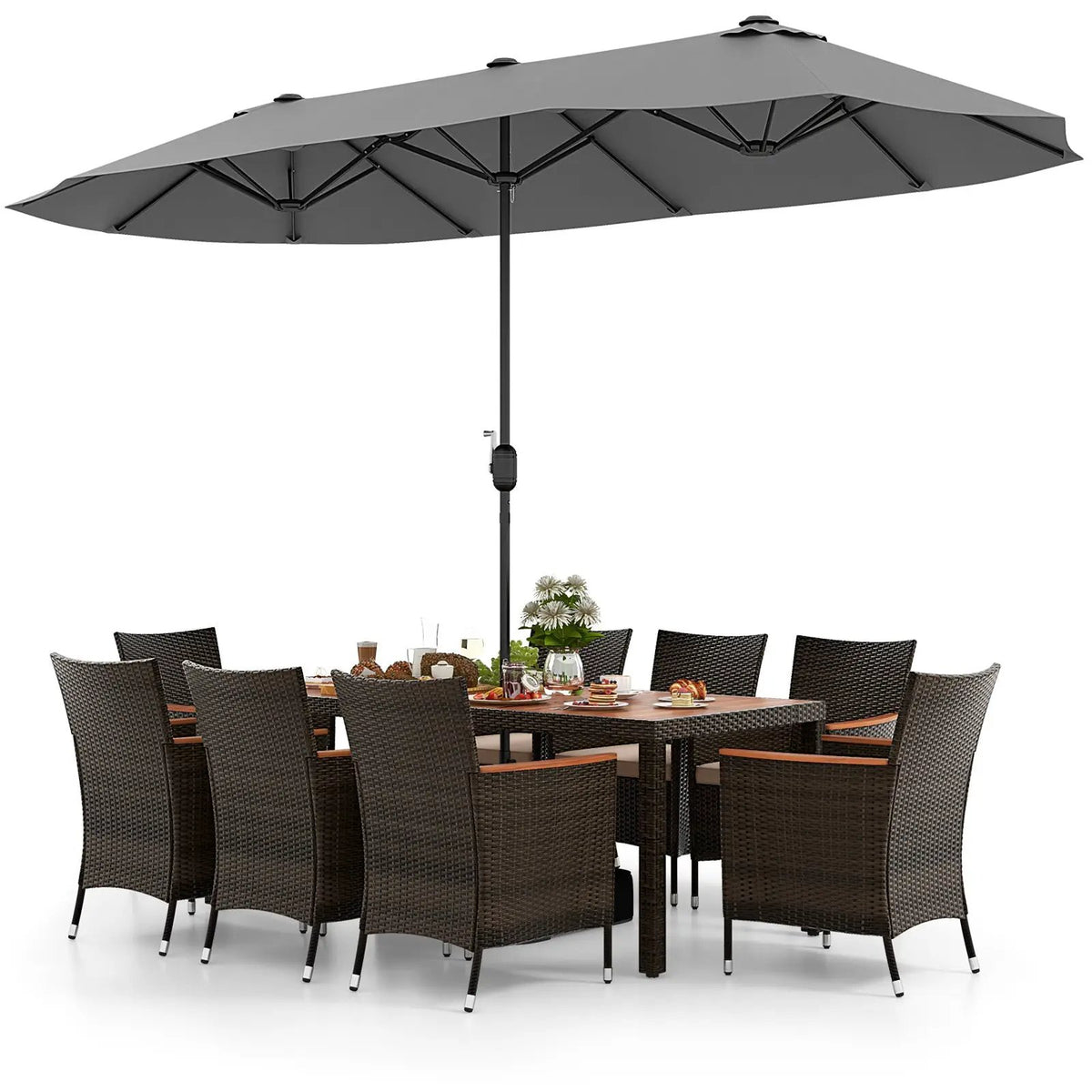 10 Piece Outdoor Dining Set with 15 Feet Double-Sided Twin Patio Umbrella, photo 18 of 38