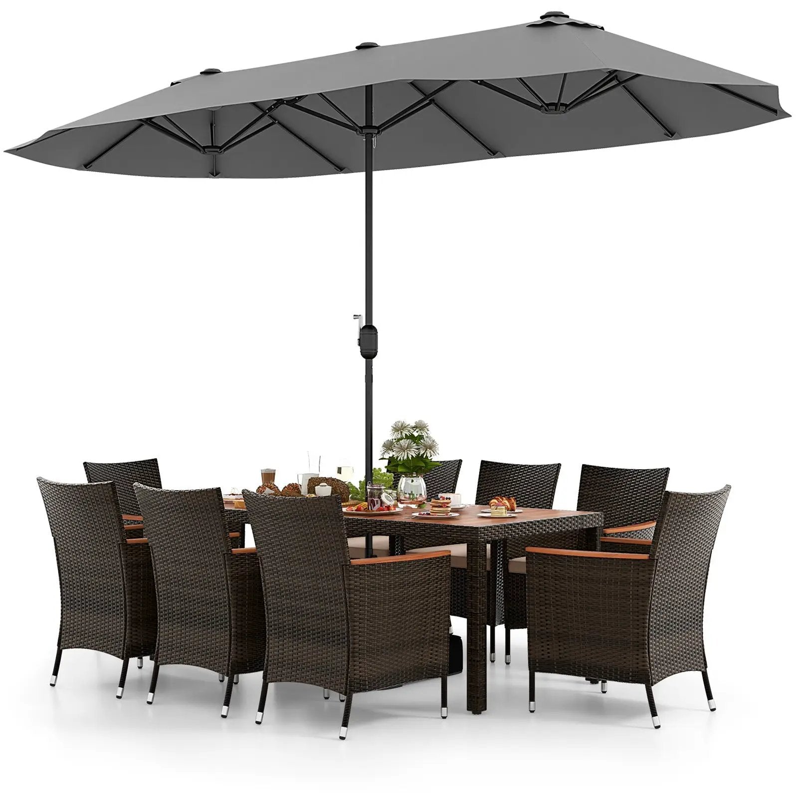 10 Piece Outdoor Dining Set with 15 Feet Double-Sided Twin Patio Umbrella by DirectDeals