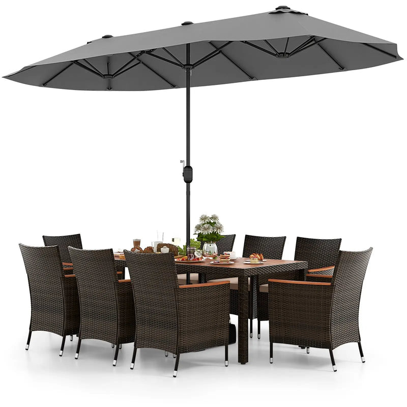 10 Piece Outdoor Dining Set with 15 Feet Double-Sided Twin Patio Umbrella by DirectDeals