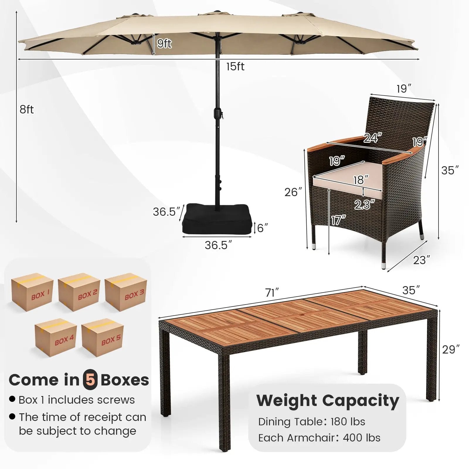 10 Piece Outdoor Dining Set with 15 Feet Double-Sided Twin Patio Umbrella by DirectDeals