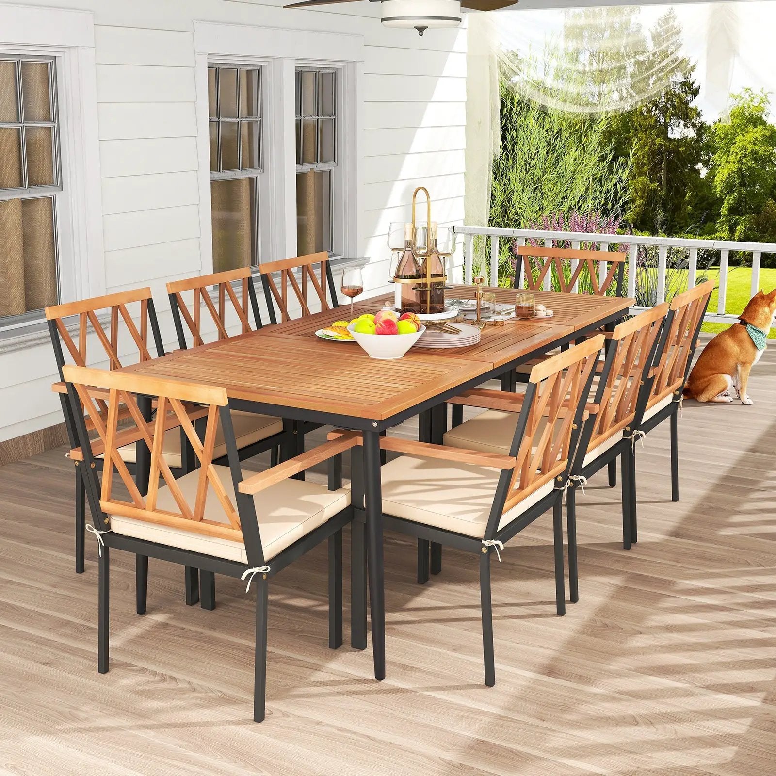 9 Pieces Patio Dining Set with 1.9 Inch Umbrella Hole and Seat Cushions by DirectDeals