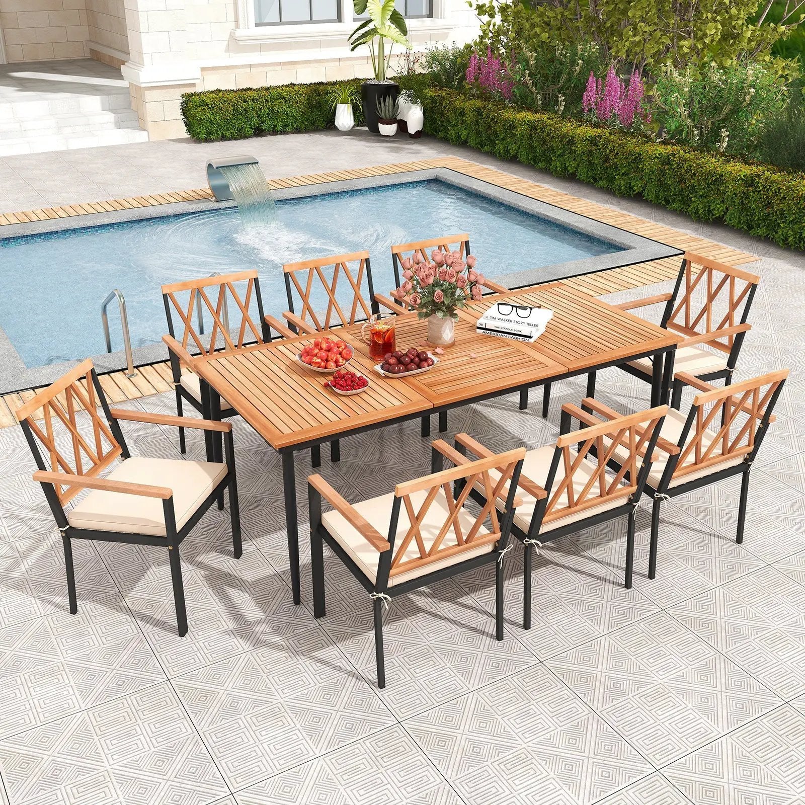 9 Pieces Patio Dining Set with 1.9 Inch Umbrella Hole and Seat Cushions by DirectDeals