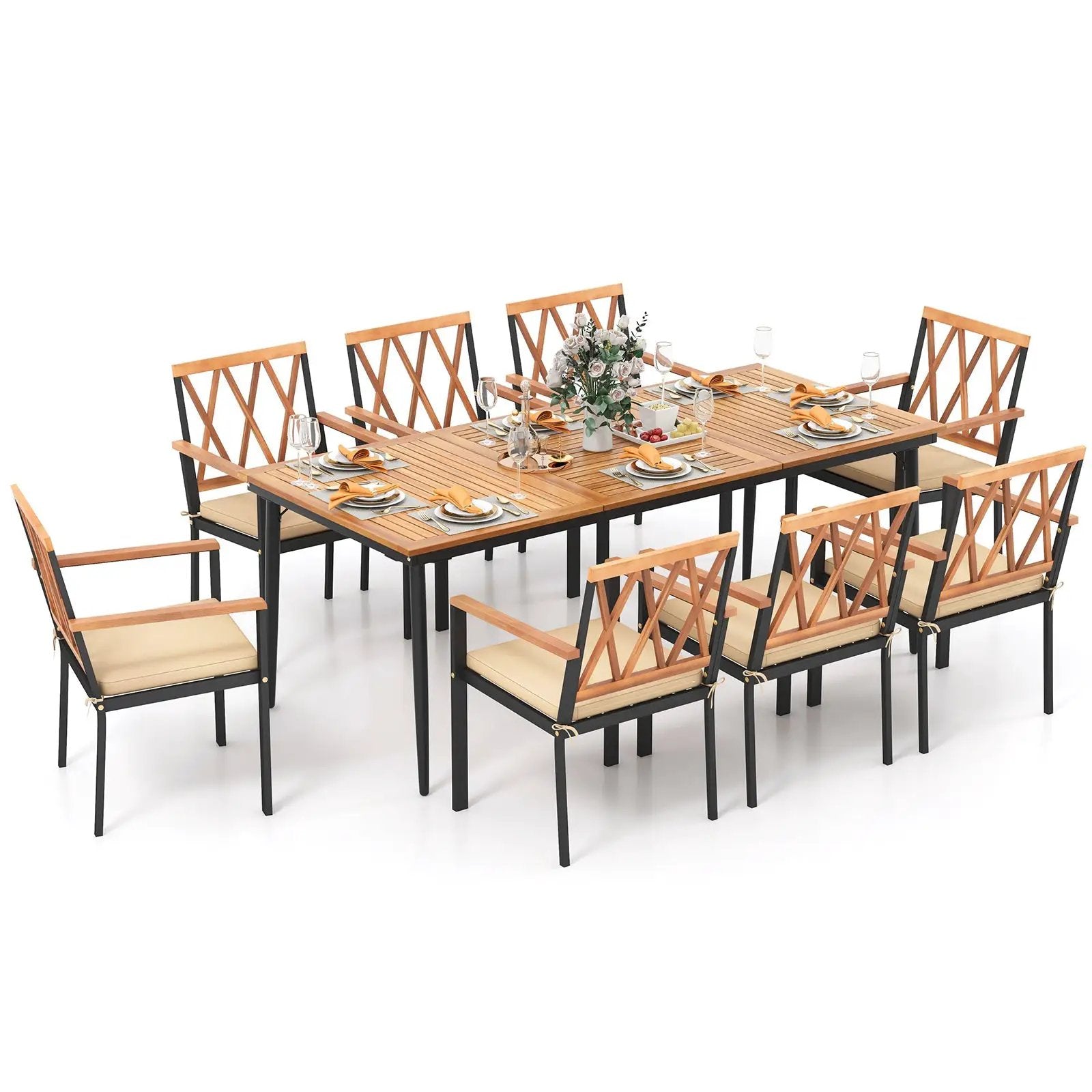 9 Pieces Patio Dining Set with 1.9 Inch Umbrella Hole and Seat Cushions by DirectDeals