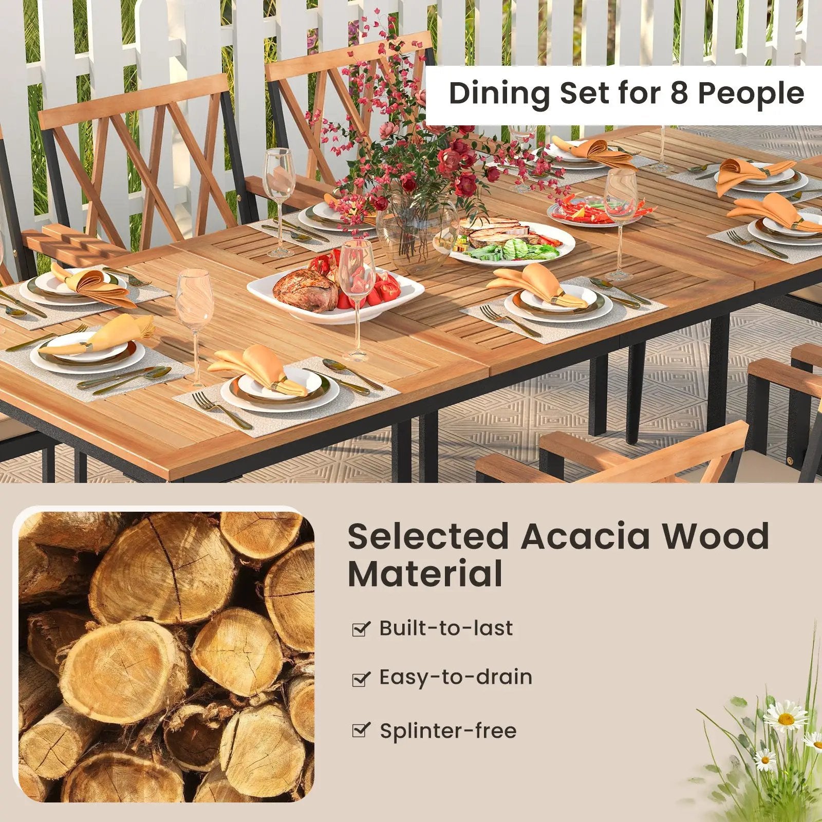9 Pieces Patio Dining Set with 1.9 Inch Umbrella Hole and Seat Cushions by DirectDeals