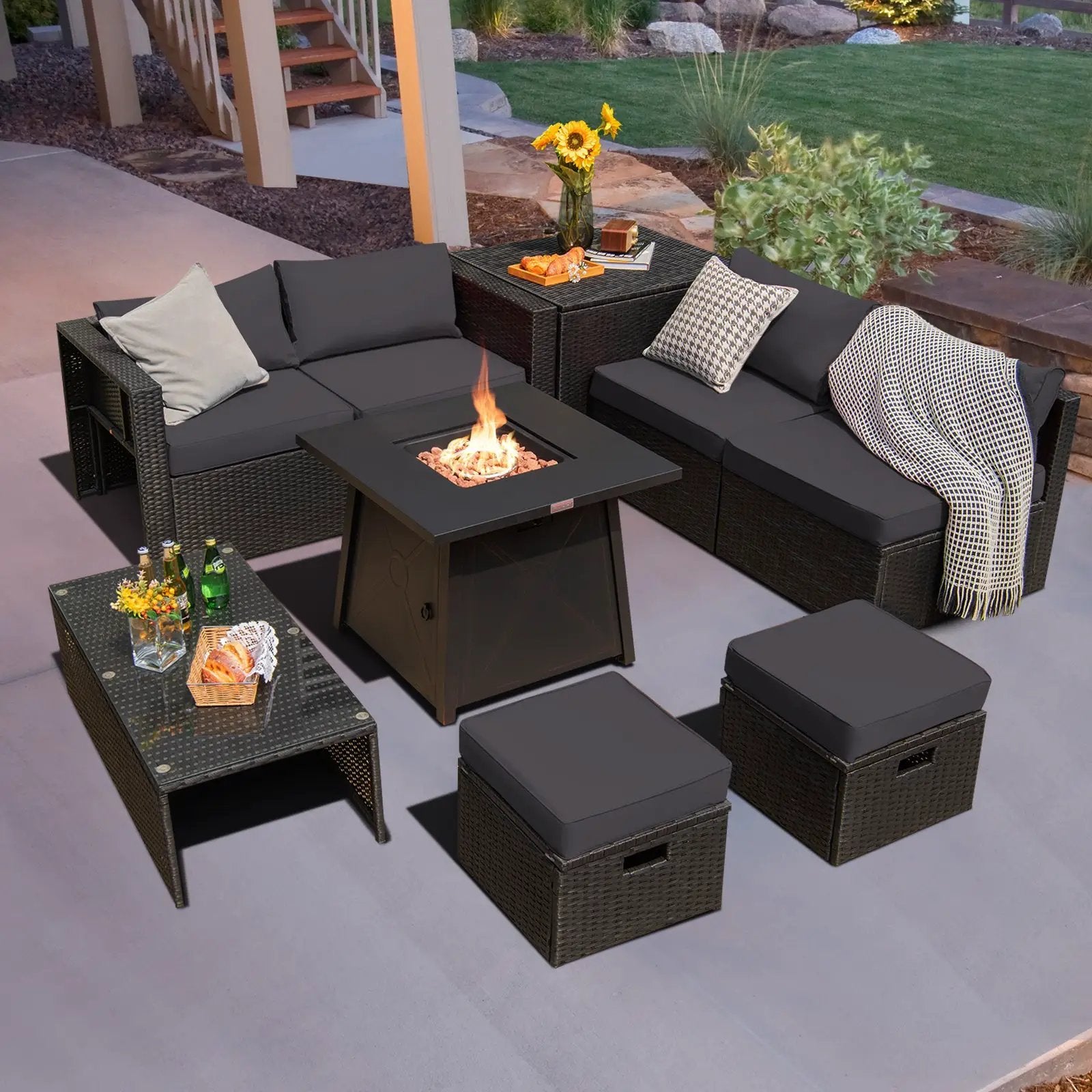 9 Piece Weatherproof Rattan Patio Conversation Set with 30 Inches Propane Fire Pit Table and Dust Covers by DirectDeals