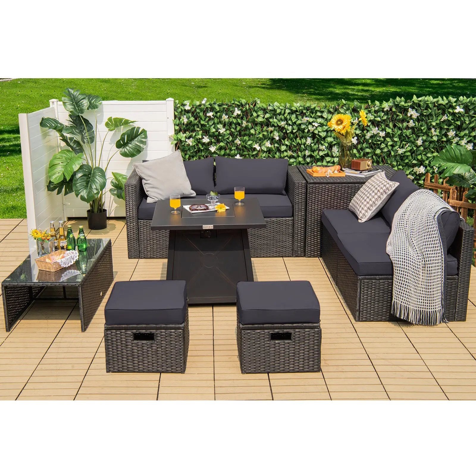 9 Piece Weatherproof Rattan Patio Conversation Set with 30 Inches Propane Fire Pit Table and Dust Covers by DirectDeals