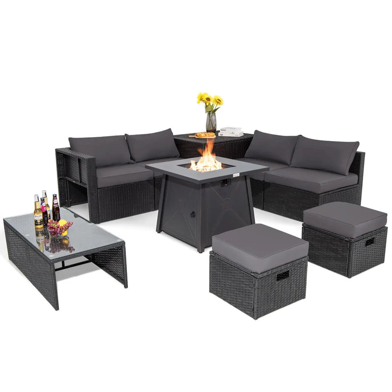 9 Piece Weatherproof Rattan Patio Conversation Set with 30 Inches Propane Fire Pit Table and Dust Covers by DirectDeals