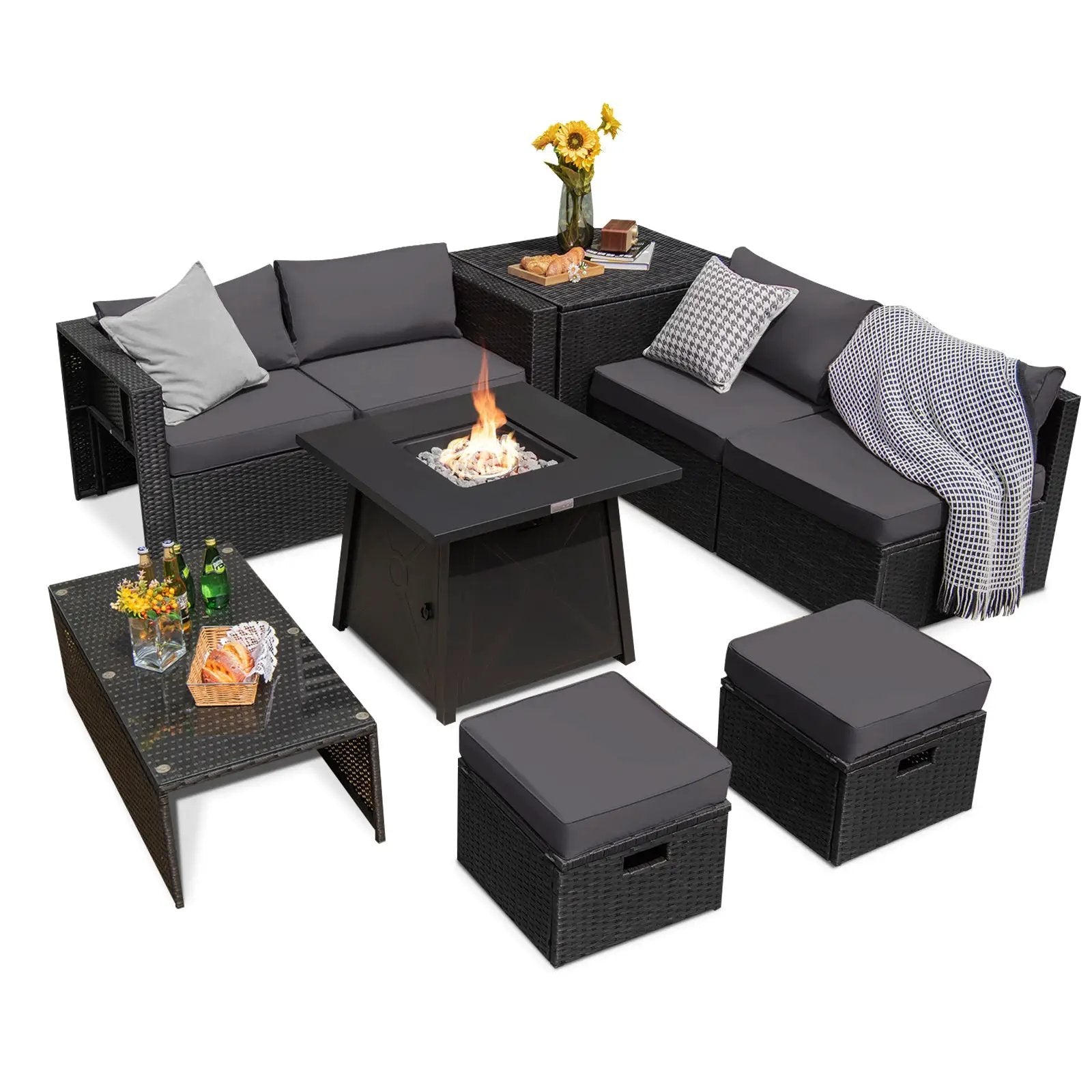 9 Piece Weatherproof Rattan Patio Conversation Set with 30 Inches Propane Fire Pit Table and Dust Covers by DirectDeals