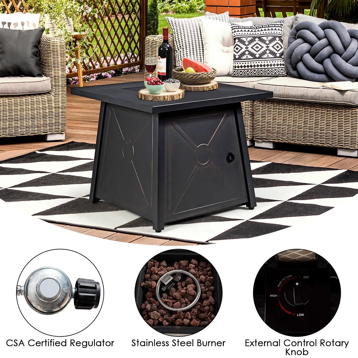 9 Piece Weatherproof Rattan Patio Conversation Set with 30 Inches Propane Fire Pit Table and Dust Covers by DirectDeals
