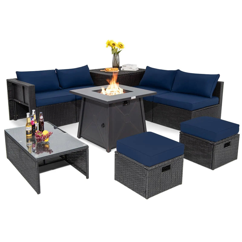 9 Piece Weatherproof Rattan Patio Conversation Set with 30 Inches Propane Fire Pit Table and Dust Covers by DirectDeals