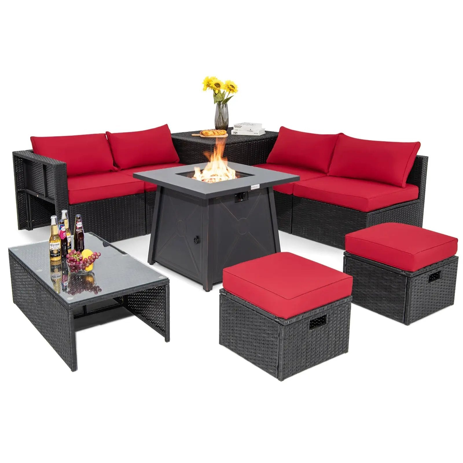 9 Piece Weatherproof Rattan Patio Conversation Set with 30 Inches Propane Fire Pit Table and Dust Covers by DirectDeals