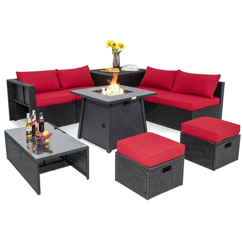 9 Piece Weatherproof Rattan Patio Conversation Set with 30 Inches Propane Fire Pit Table and Dust Covers by DirectDeals
