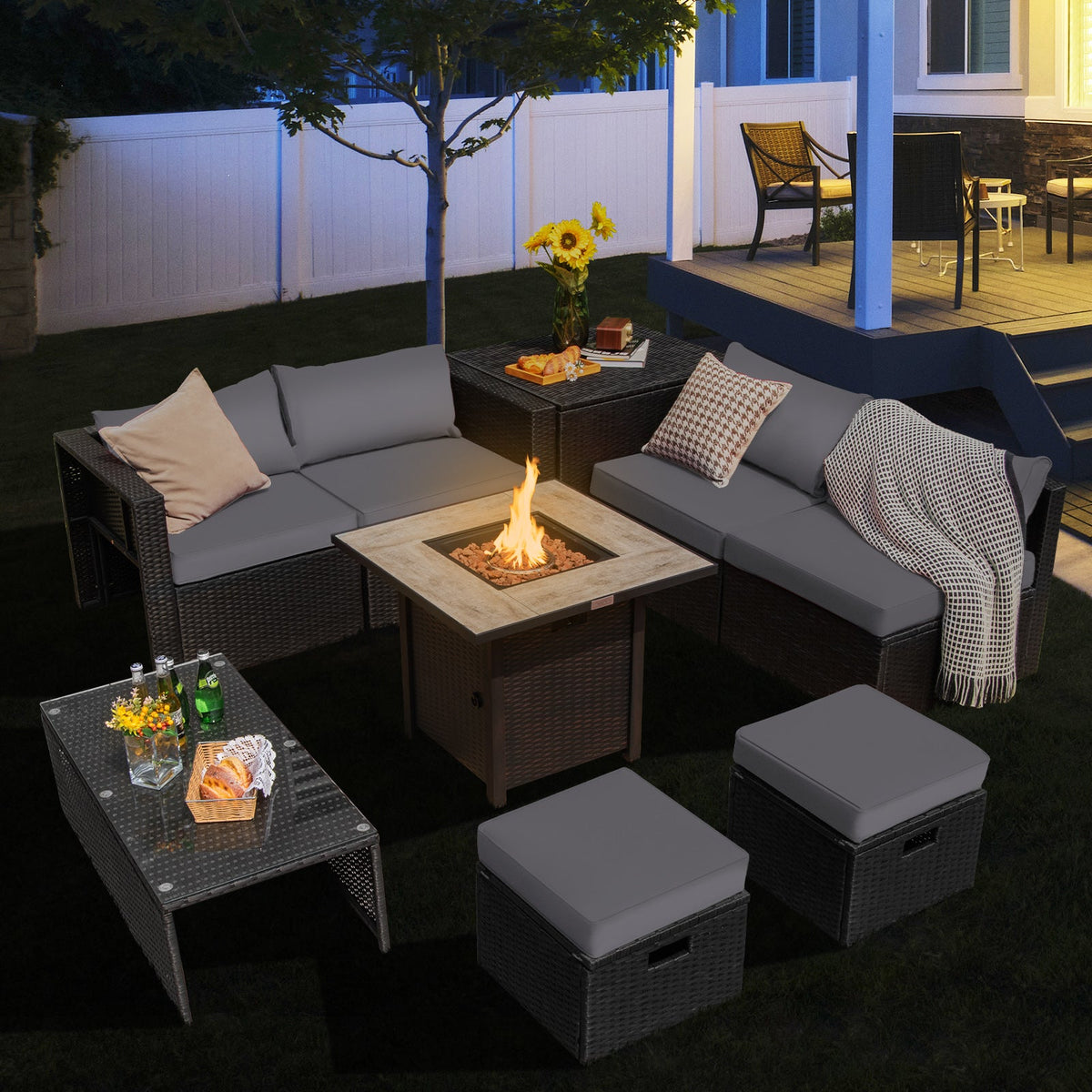 9 Pieces Outdoor PE Rattan Wicker Sectional Sofa with 42 Inch Gas Fire Pit Table, photo 3 of 24