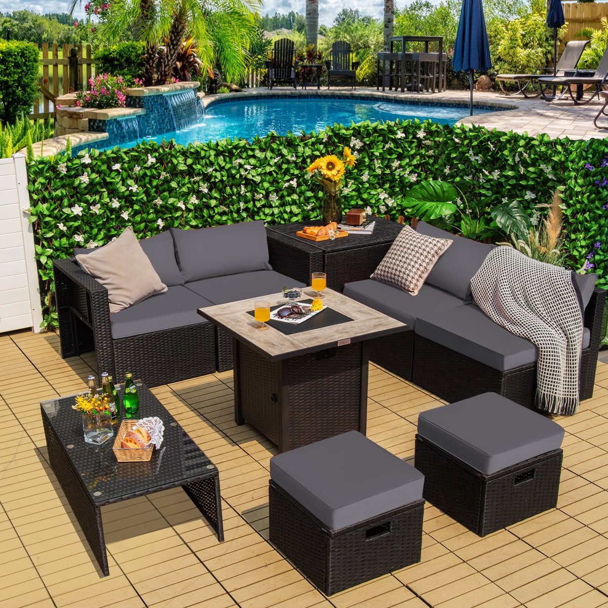 9 Pieces Outdoor PE Rattan Wicker Sectional Sofa with 42 Inch Gas Fire Pit Table, photo 5 of 24