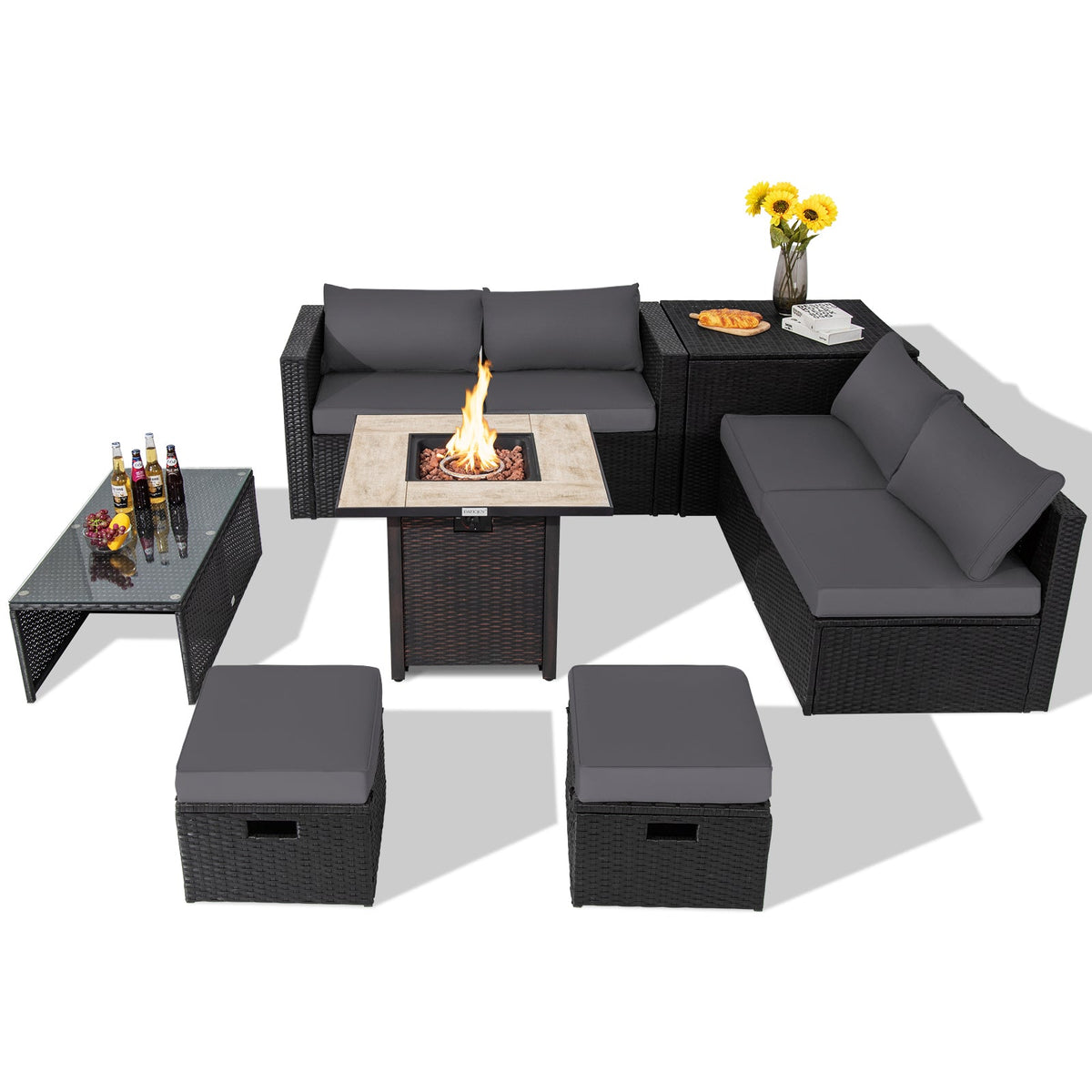9 Pieces Outdoor PE Rattan Wicker Sectional Sofa with 42 Inch Gas Fire Pit Table, photo 8 of 24