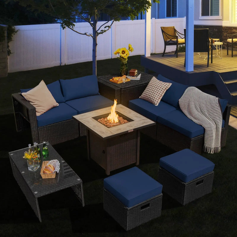 9 Pieces Outdoor PE Rattan Wicker Sectional Sofa with 42 Inch Gas Fire Pit Table by DirectDeals