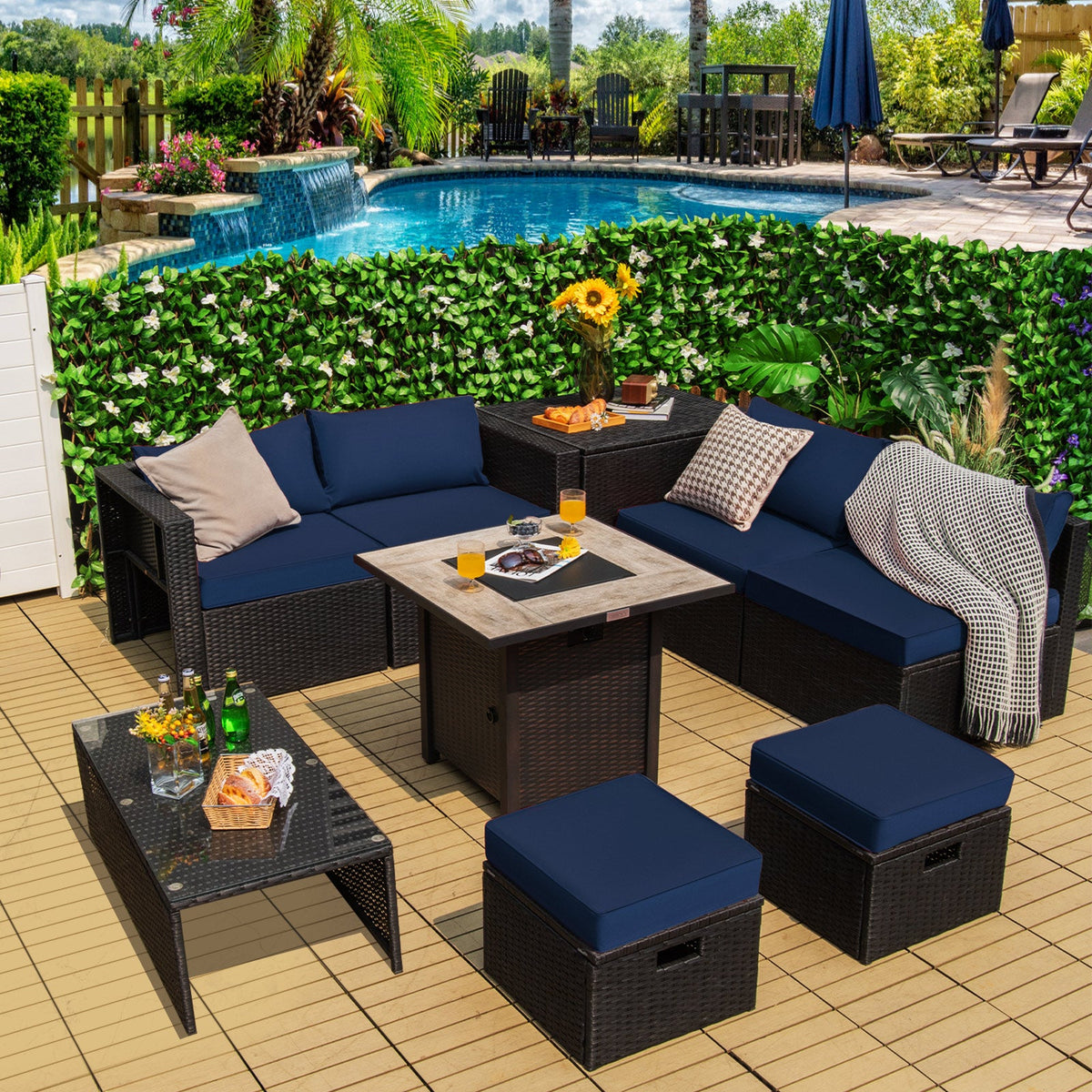 9 Pieces Outdoor PE Rattan Wicker Sectional Sofa with 42 Inch Gas Fire Pit Table, photo 4 of 24