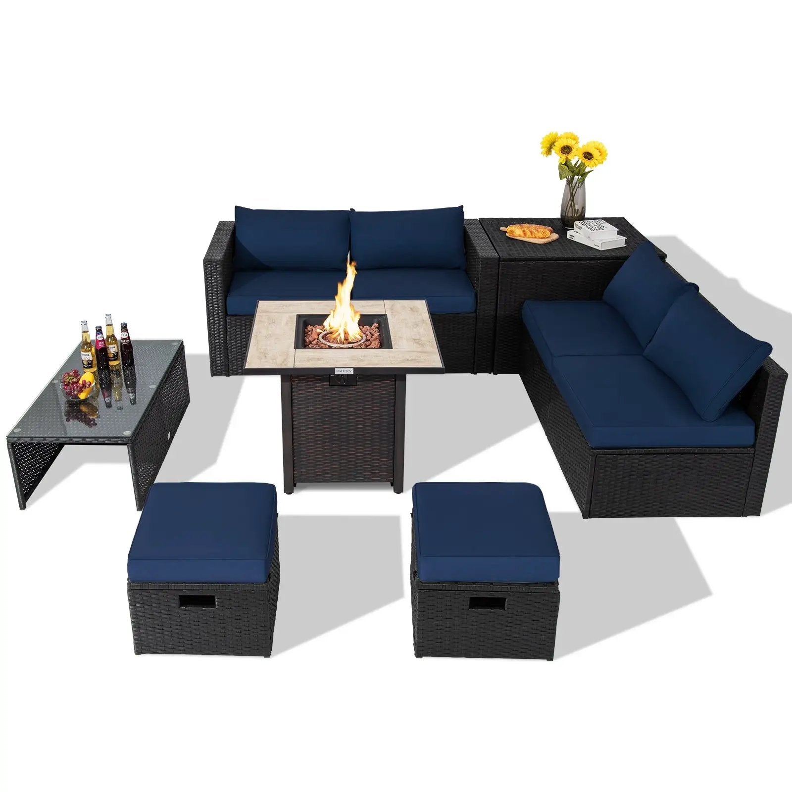 9 Pieces Outdoor PE Rattan Wicker Sectional Sofa with 42 Inch Gas Fire Pit Table by DirectDeals