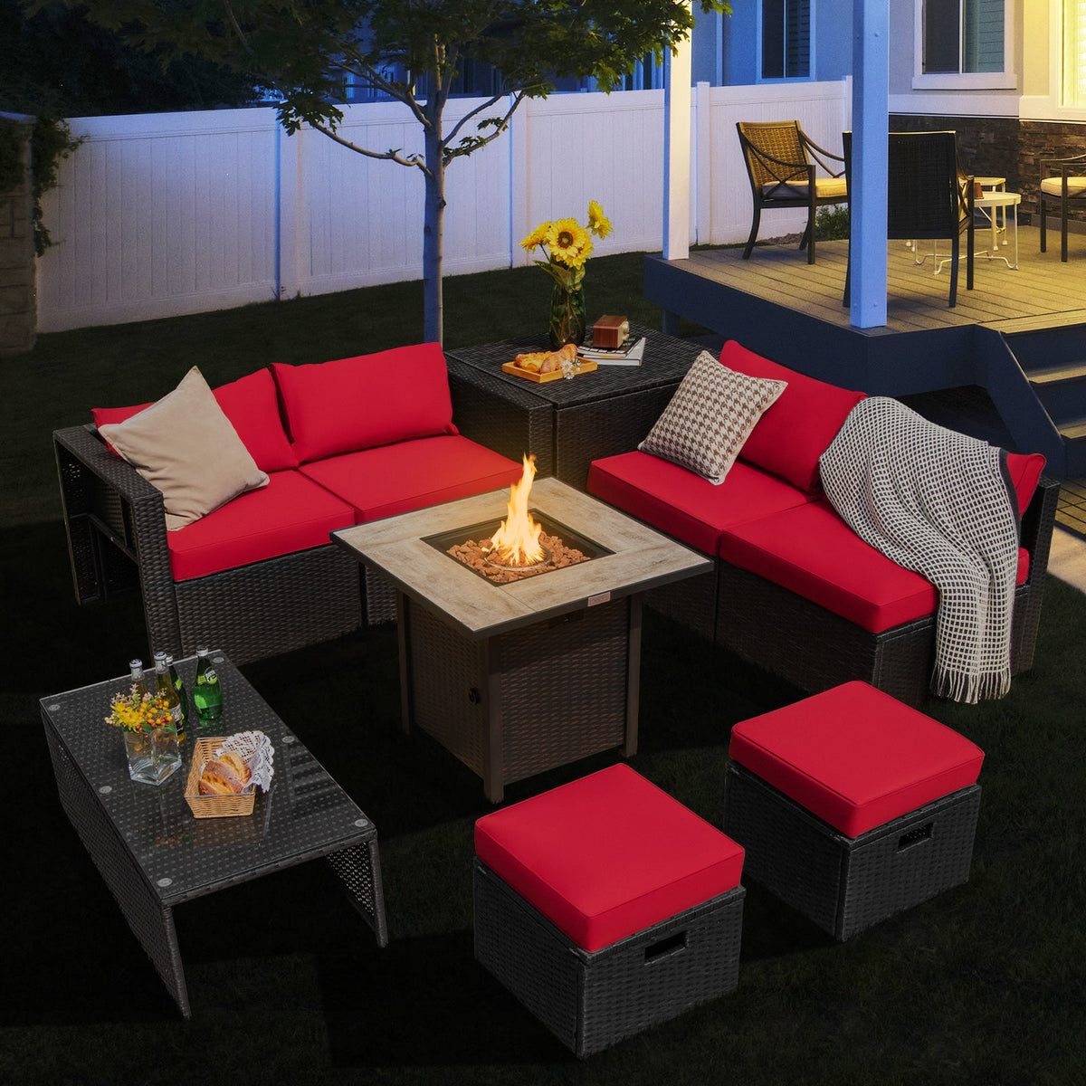 9 Pieces Outdoor PE Rattan Wicker Sectional Sofa with 42 Inch Gas Fire Pit Table, photo 2 of 24