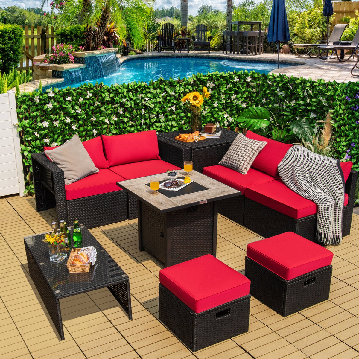 9 Pieces Outdoor PE Rattan Wicker Sectional Sofa with 42 Inch Gas Fire Pit Table, photo 6 of 24
