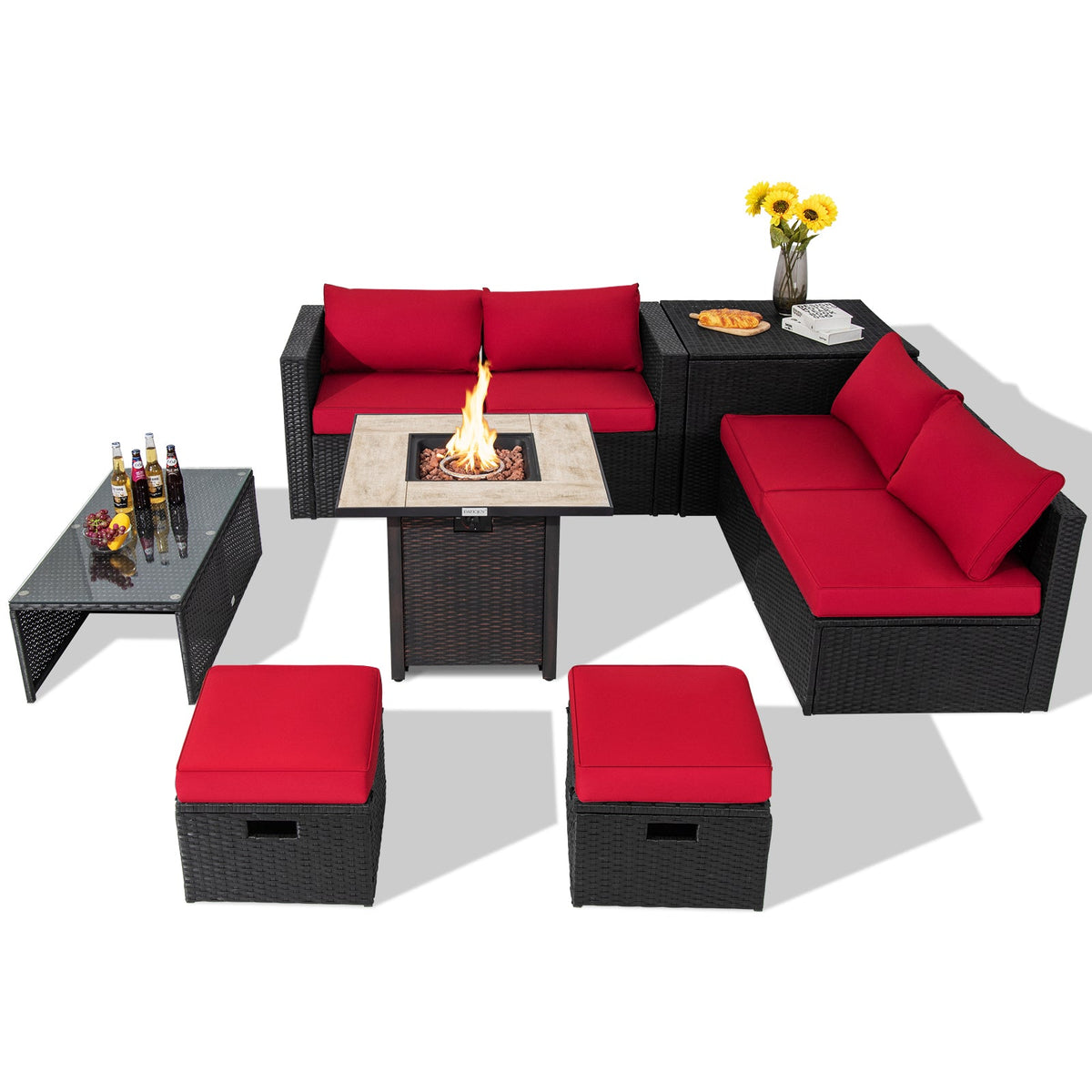 9 Pieces Outdoor PE Rattan Wicker Sectional Sofa with 42 Inch Gas Fire Pit Table, photo 9 of 24