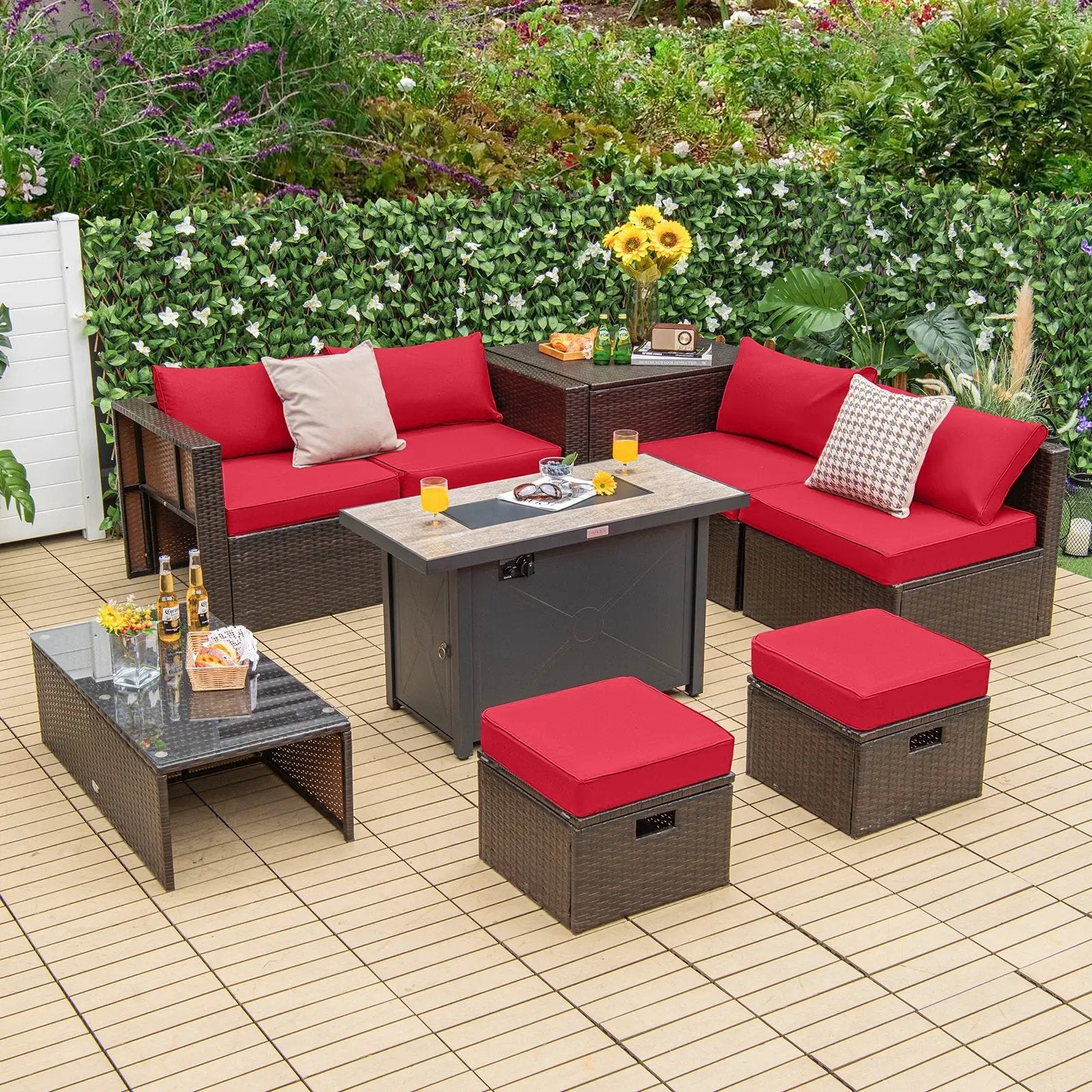 9 Pieces Outdoor Patio Furniture Set with 42 Inch Propane Fire Pit Table by DirectDeals