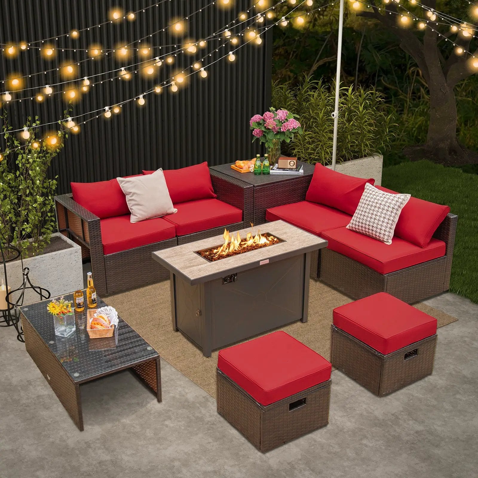 9 Pieces Outdoor Patio Furniture Set with 42 Inch Propane Fire Pit Table by DirectDeals