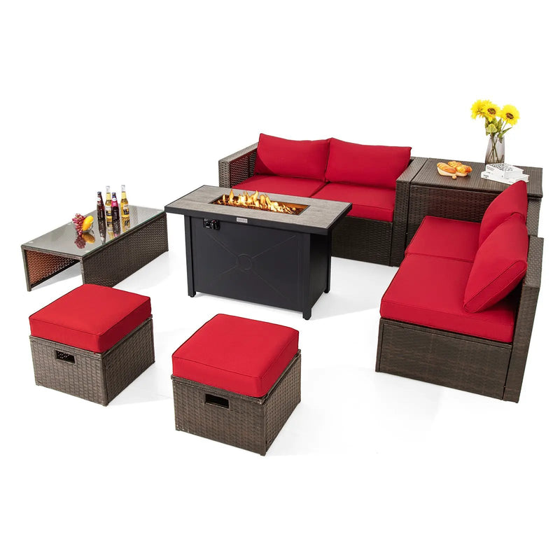 9 Pieces Outdoor Patio Furniture Set with 42 Inch Propane Fire Pit Table by DirectDeals