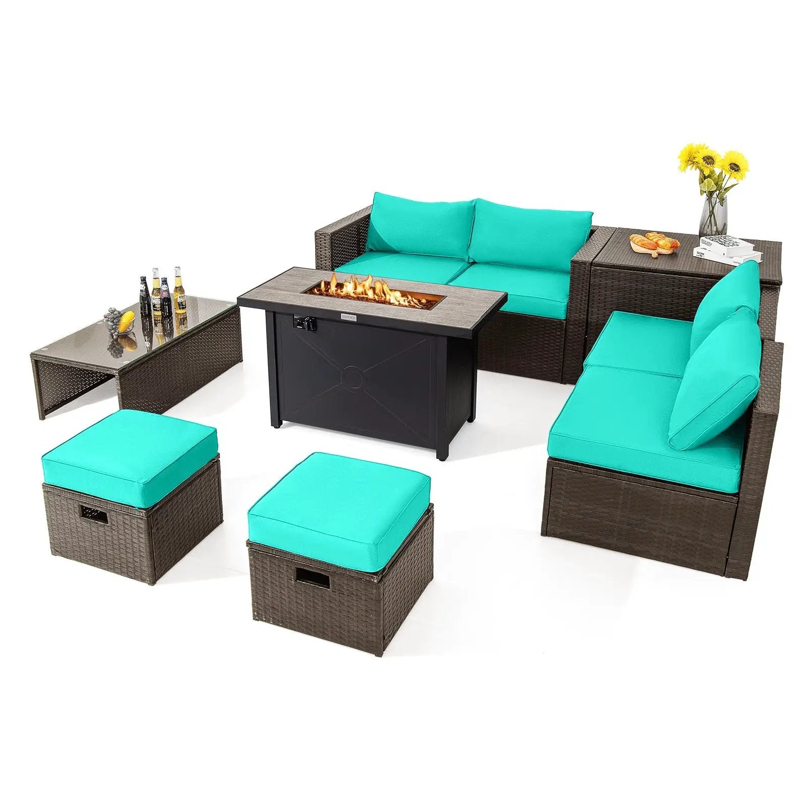 9 Pieces Outdoor Patio Furniture Set with 42 Inch Propane Fire Pit Table by DirectDeals