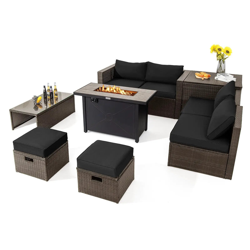9 Pieces Outdoor Patio Furniture Set with 42 Inch Propane Fire Pit Table by DirectDeals
