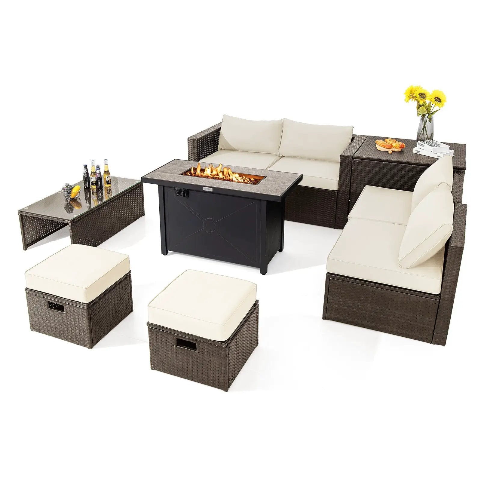 9 Pieces Outdoor Patio Furniture Set with 42 Inch Propane Fire Pit Table by DirectDeals
