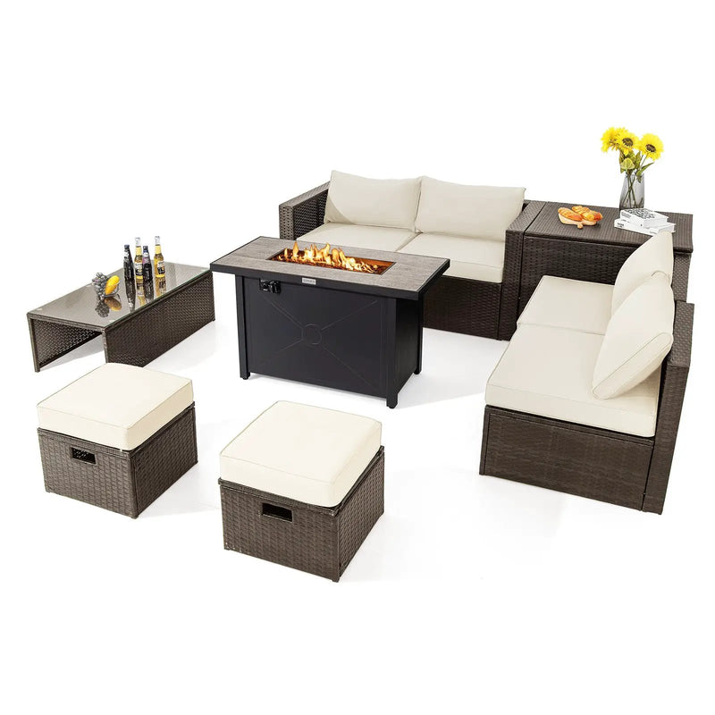 9 Pieces Outdoor Patio Furniture Set with 42 Inch Propane Fire Pit Table by DirectDeals