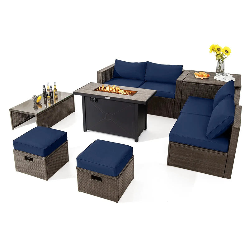 9 Pieces Outdoor Patio Furniture Set with 42 Inch Propane Fire Pit Table by DirectDeals