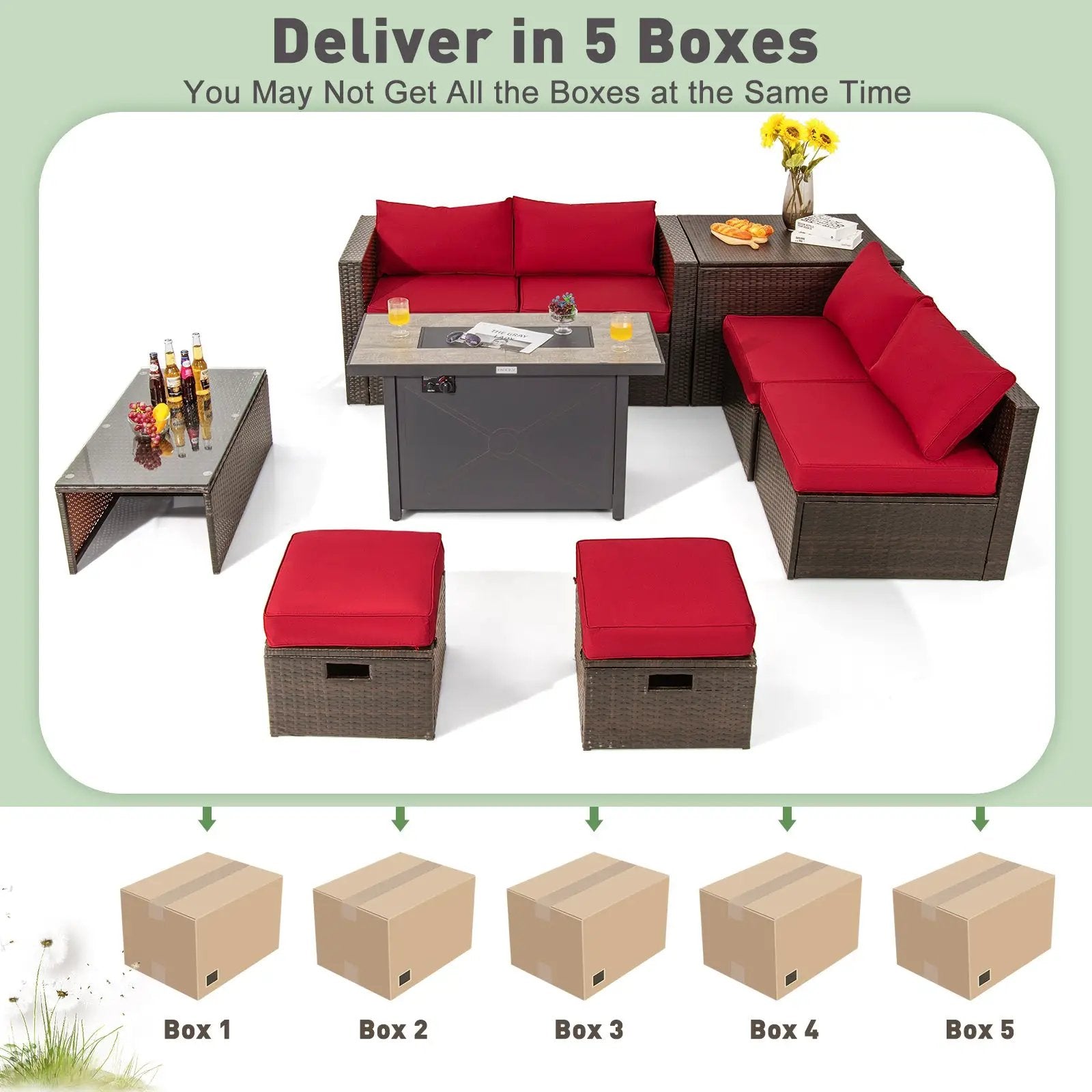 9 Pieces Outdoor Patio Furniture Set with 42 Inch Propane Fire Pit Table by DirectDeals