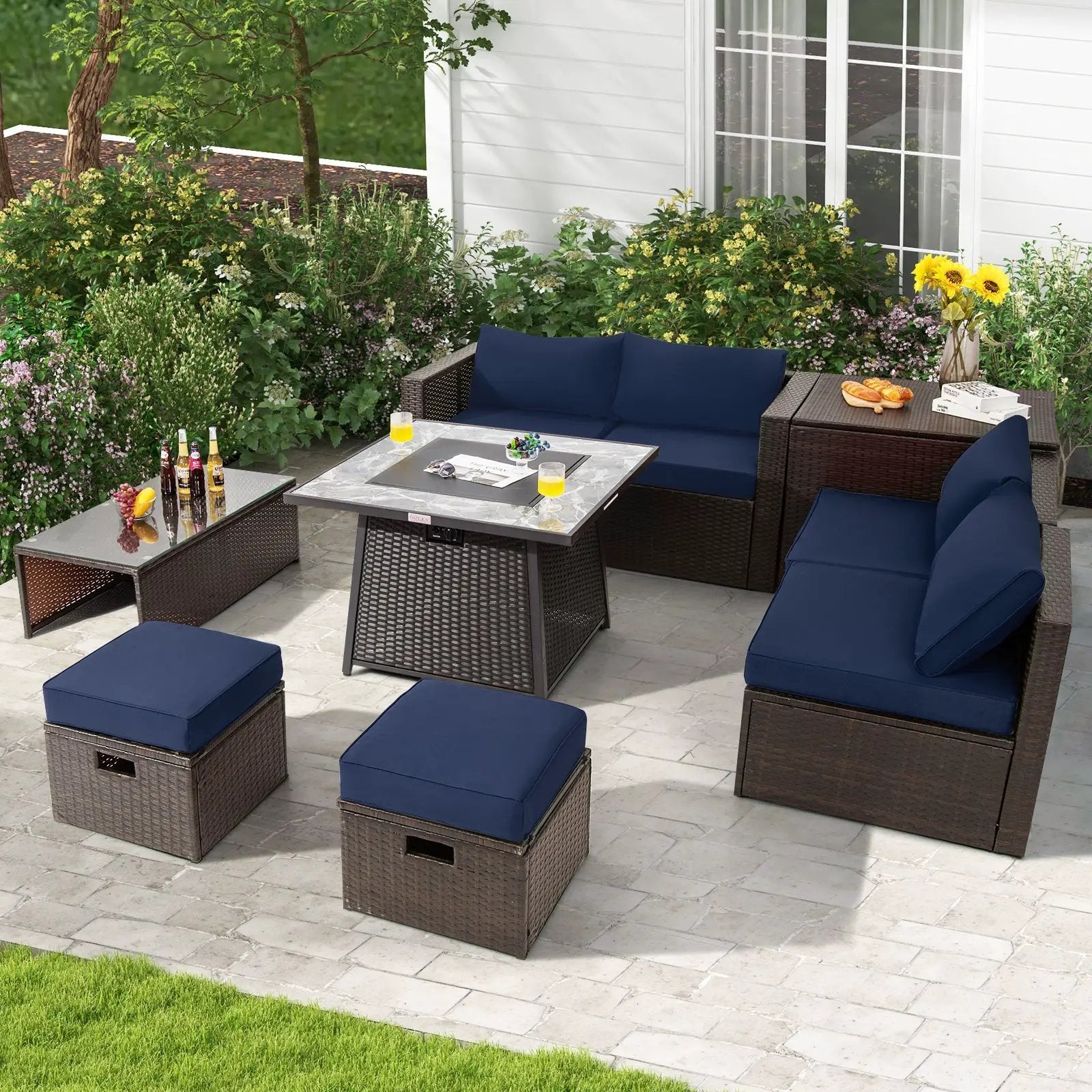 9 Pieces Patio PE Wicker Sectional Set with 50000 BTU Fire Pit Table by DirectDeals