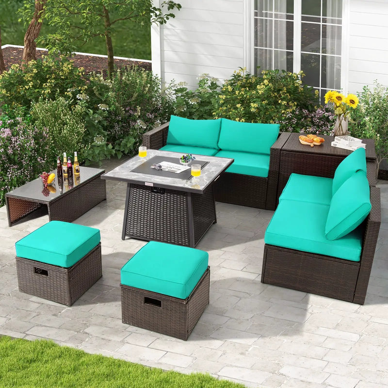 9 Pieces Patio PE Wicker Sectional Set with 50000 BTU Fire Pit Table by DirectDeals