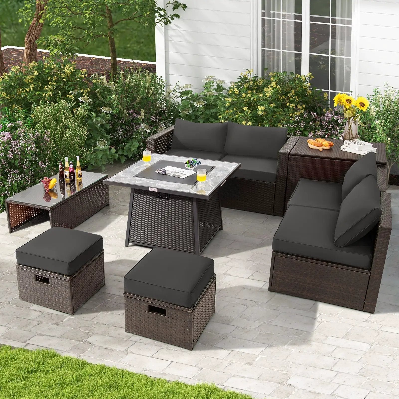 9 Pieces Patio PE Wicker Sectional Set with 50000 BTU Fire Pit Table by DirectDeals